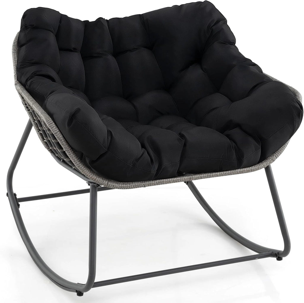 Sedia a Dondolo da Esterno, Poltrona in PE Vimini con Cuscino Rimovibile, Poltrona Relax in Rattan con Struttura in Metallo, per Soggiorno, Balcone, Giardino, Portata 150 kg (Nero)