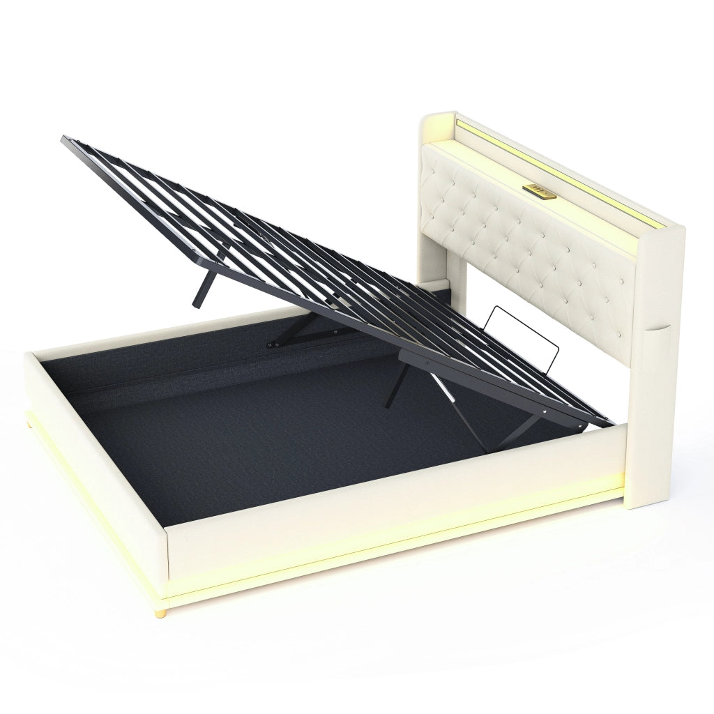 LETTO Imbottito 160x200 cm Beige con LED, USB e contenitore idraulico