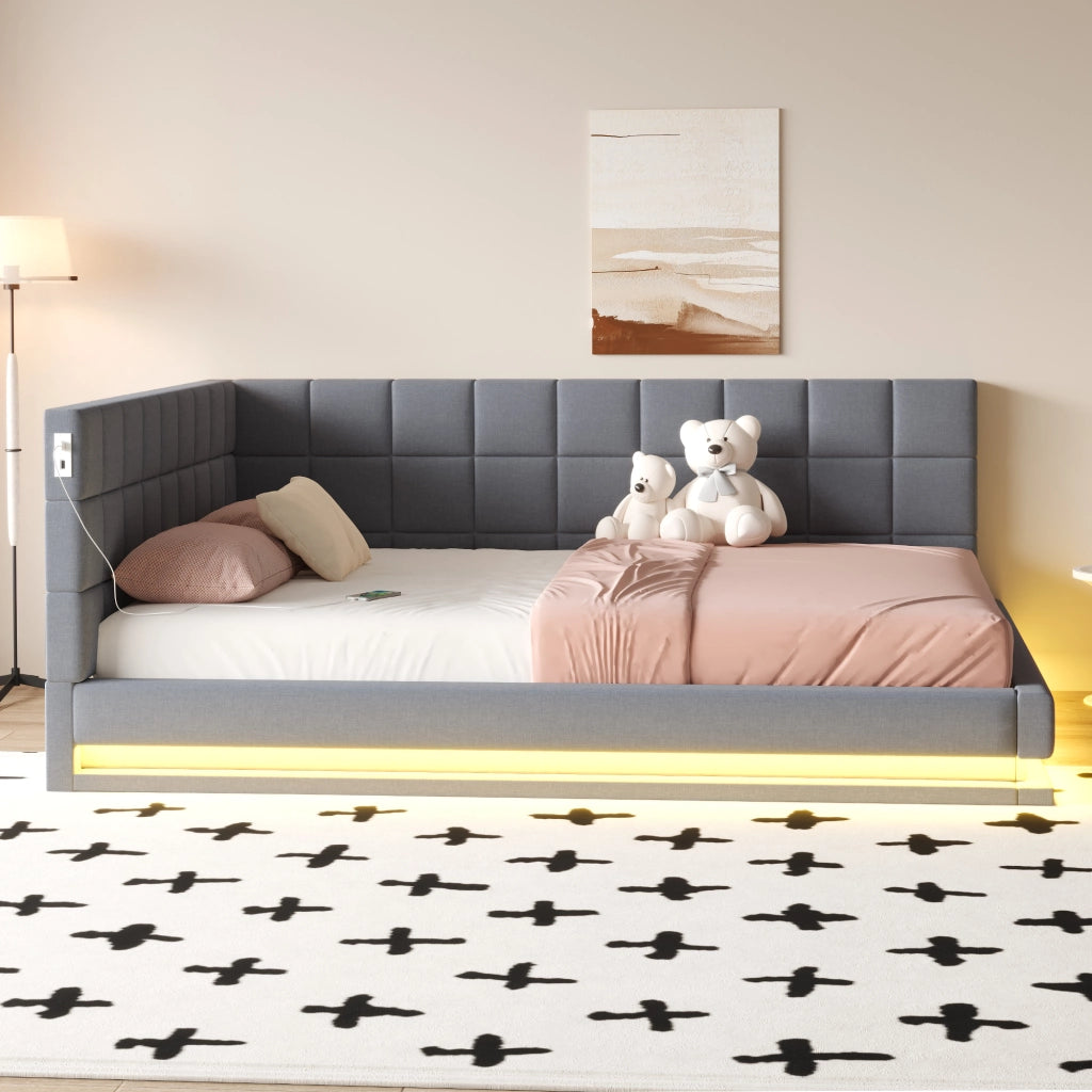 OKWISH Divano Letto 160×200 cm, Letto Matrimoniale con LED Regolabile, USB e Doghe, senza Materasso, in Lino, Grigio