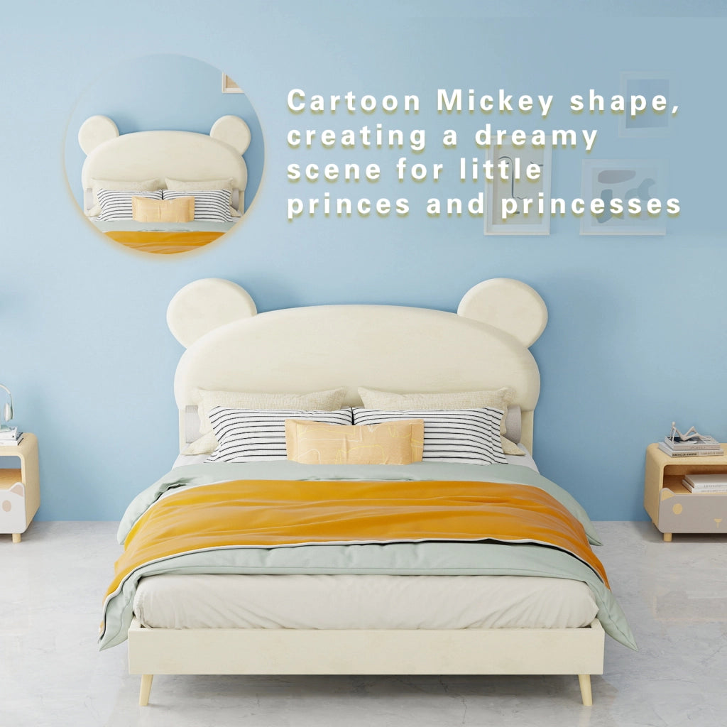 DESMIU Letto per bambini 140 × 200 cm con testiera orso, in tessuto e metallo, materasso incluso, beige