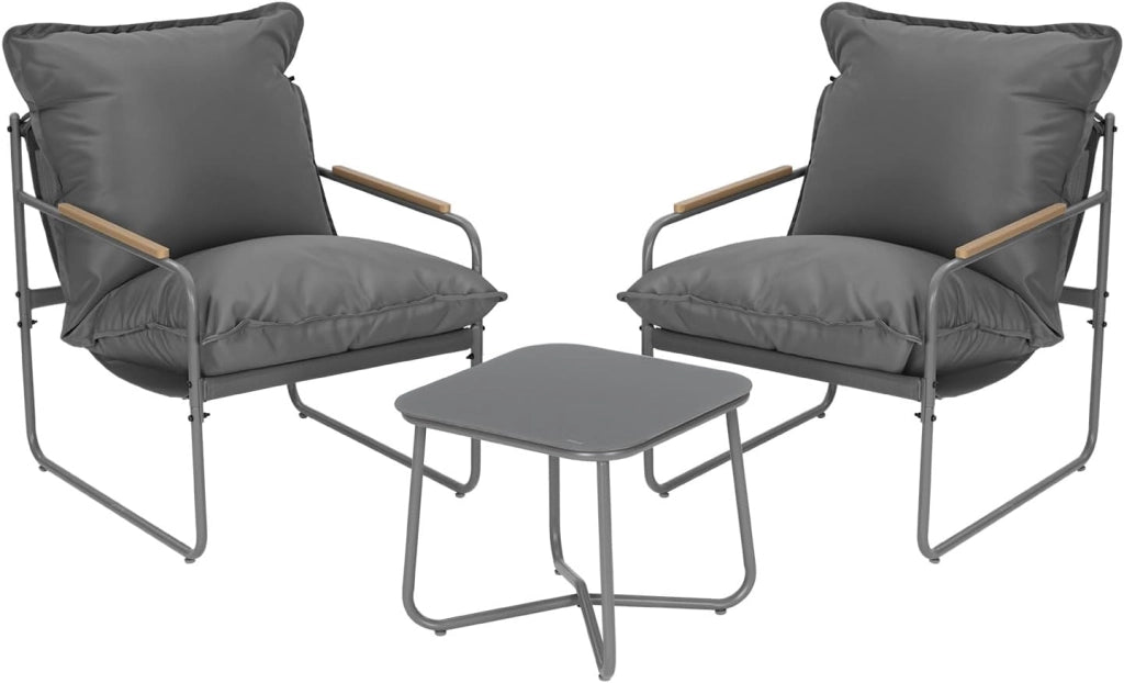 Set 3 Pezzi Salotto da Giardino per 2 Persone, Mobili da Esterno con 1 Tavolino e 2 Sedie con Cuscini Rimovibili, per Giardino, Terrazza e Balcone, in Metallo, Grigio