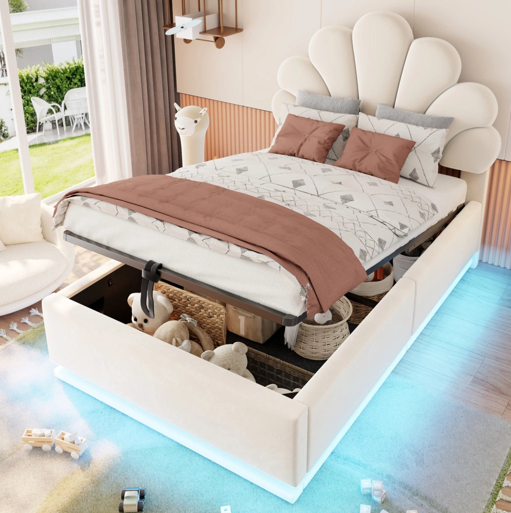 Letto imbottito beige 90 x 200 cm con contenitore idraulico e luci LED