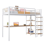 Letto a Soppalco Singolo con Scrivania; Scaffali e Scala Sicura; 90 × 200 cm; senza Materasso; Bianco