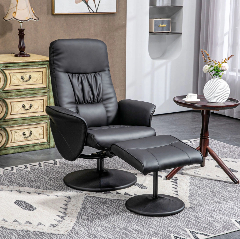 Poltrona relax girevole con pouf in ecopelle nera