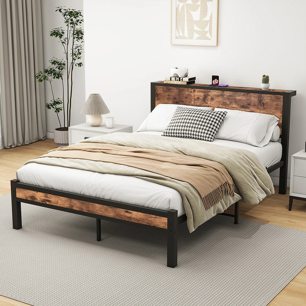 Letto metallo-Xylo-90x200 cm-testiera, contenitore, base piattaforma, marrone