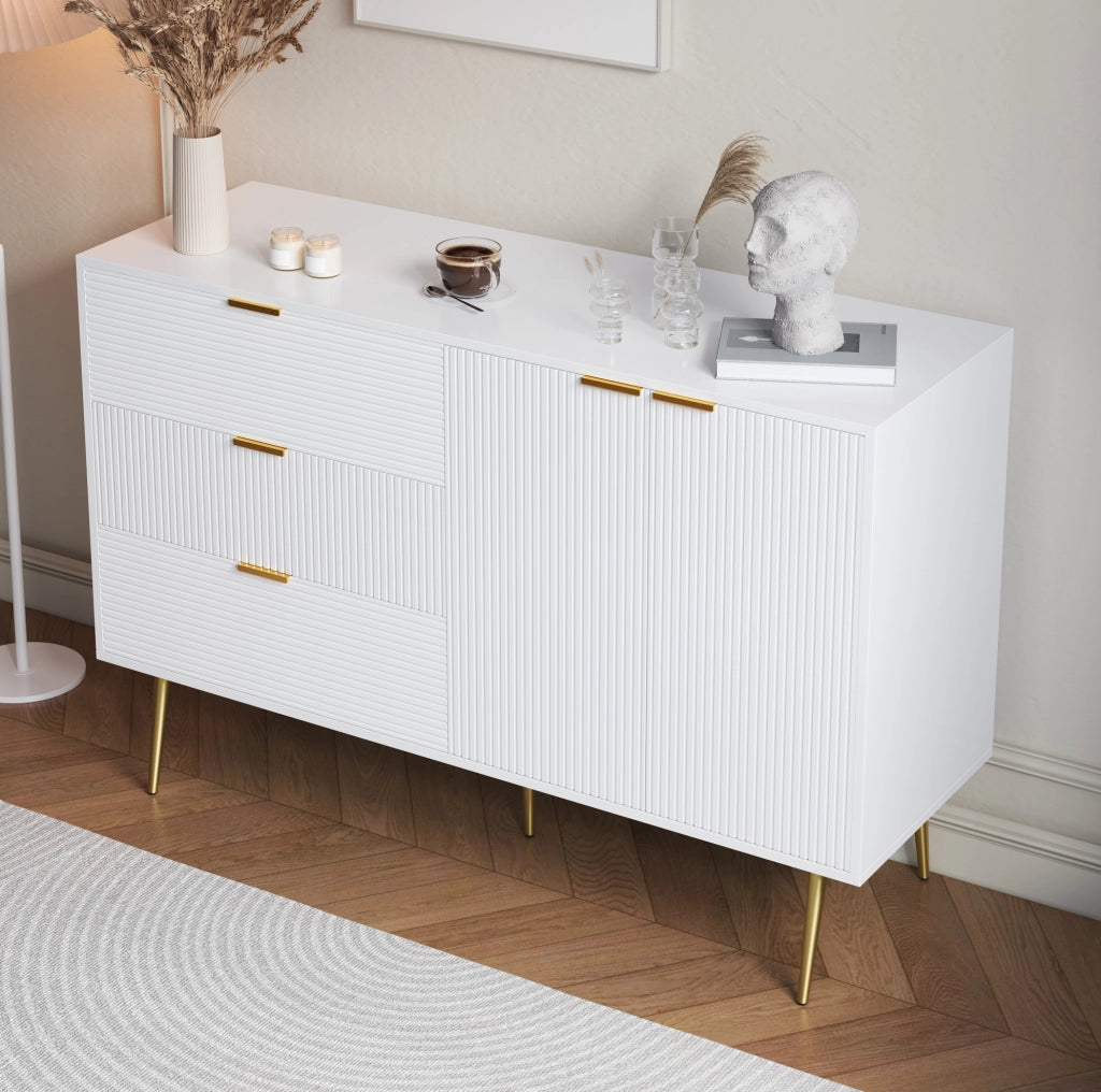 Credenza 120x38x80;5 cm in MDF bianca e oro con 3 cassetti; 2 ante e ripiani
