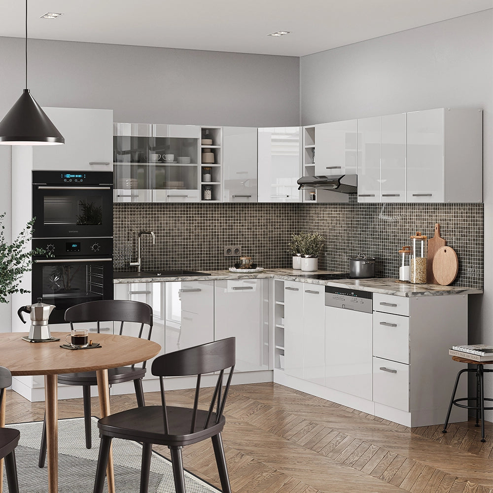 Cucina angolare completa R-Line Bianco lucido/Bianco 247 x 237 cm, PL Antracite Vicco