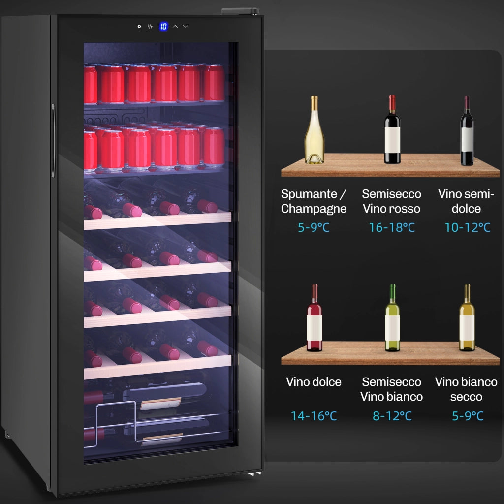 Cantinetta Frigorifero per Vino da 92L con Ripiani Regolabili per 20 Bottiglie e 50 Lattine 43x45x94 cm Nero