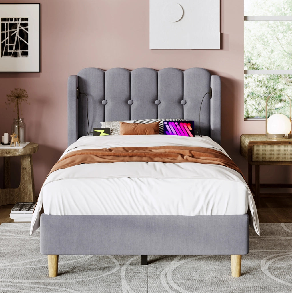 Letto imbottito 90x200 cm con ricarica USB e Type C; lino; grigio (Senza materasso)