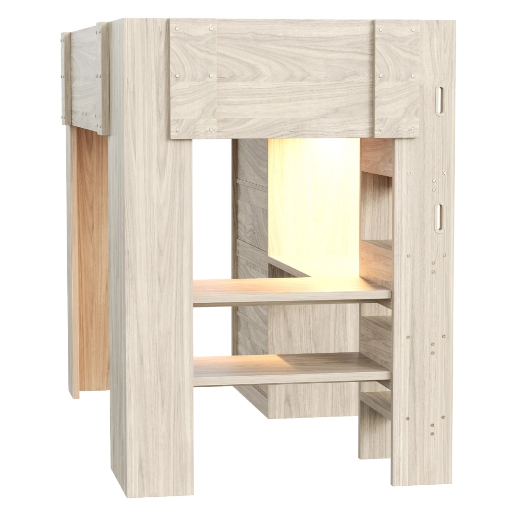Hochbett multifunzionale 90x200 cm in legno naturale con scrivania; armadio; scaffali e LED