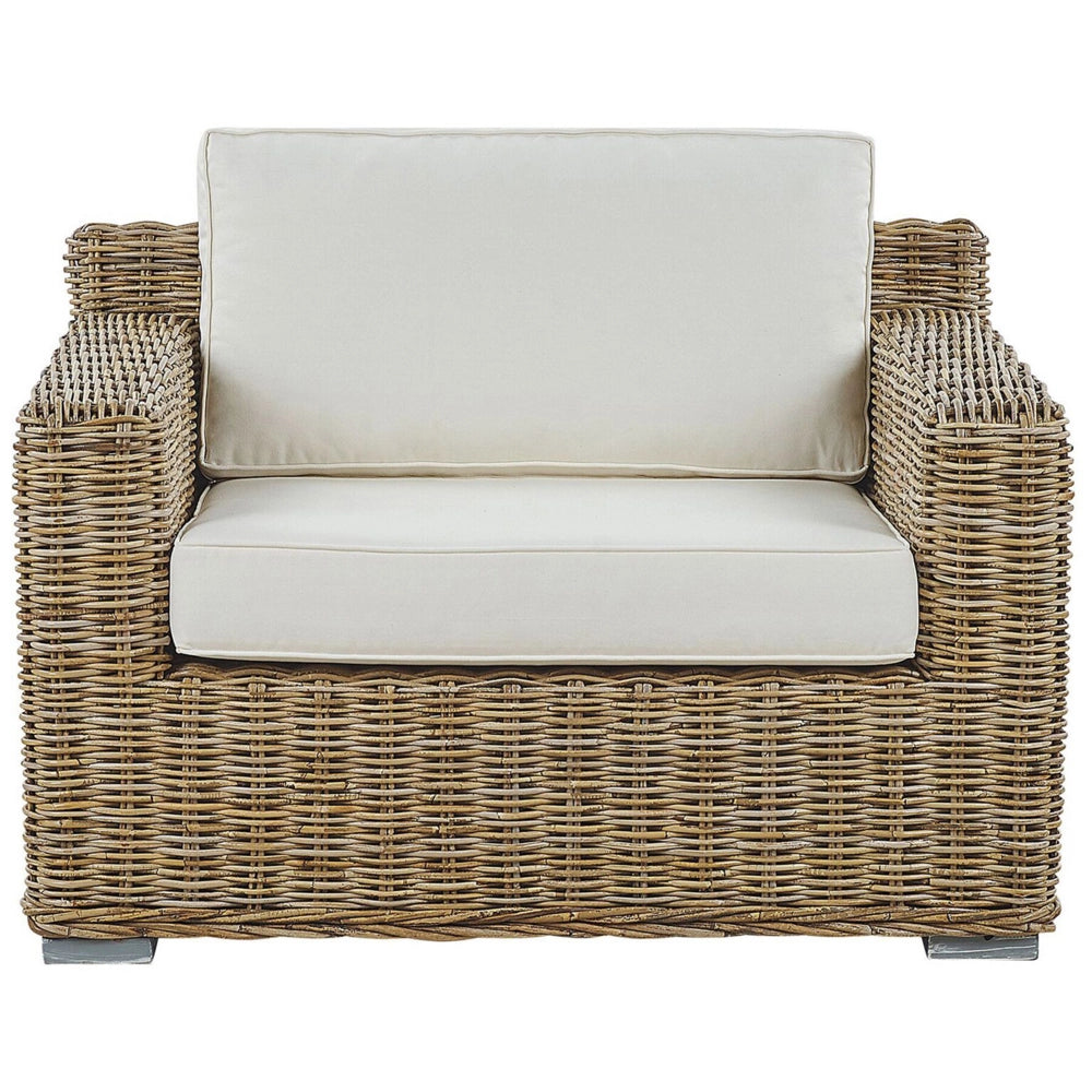 Set di 2 poltrone da giardino in vimini rattan marrone chiaro Set 2 sedie da esterno con cuscini bianchi