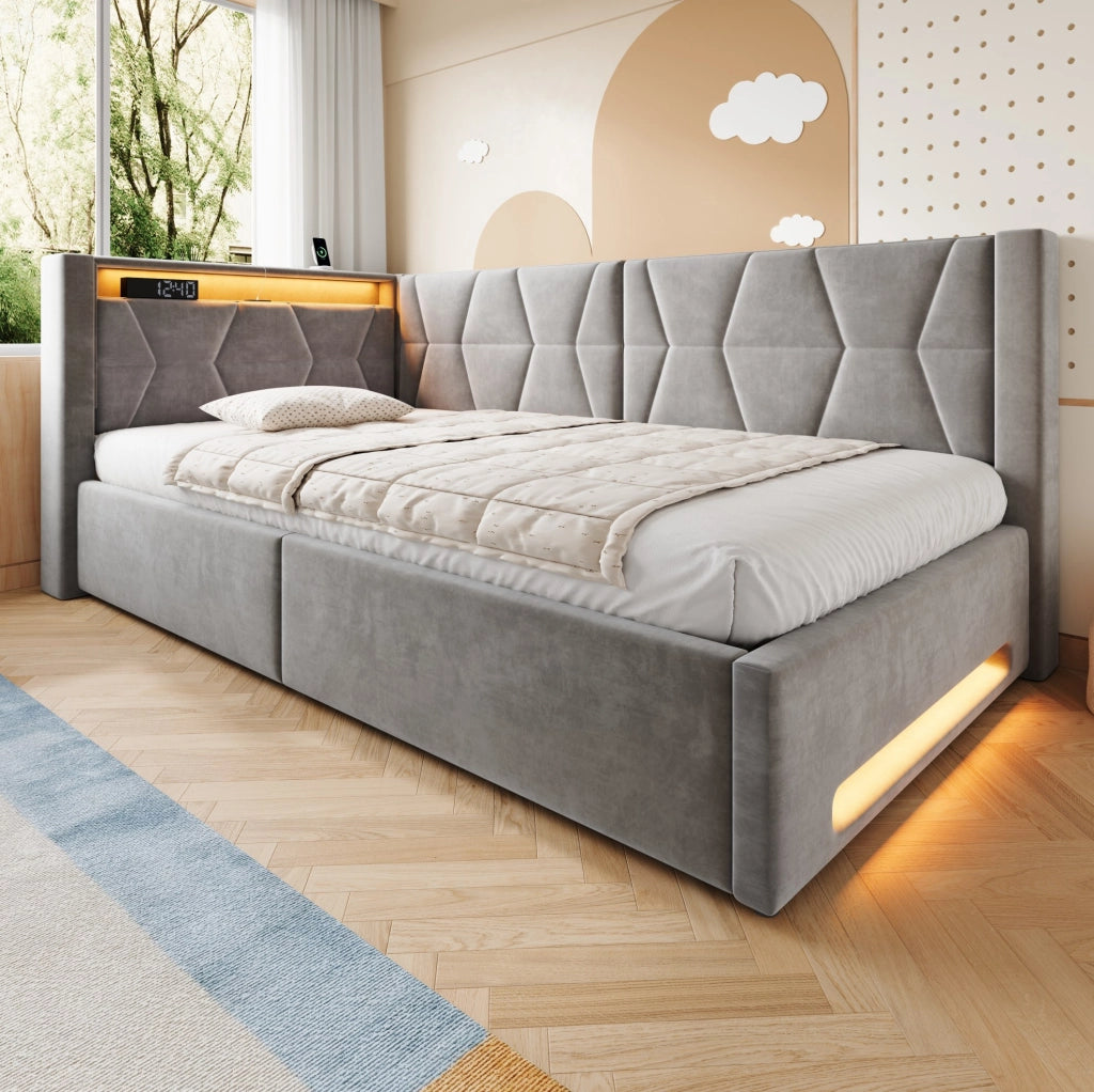 Letto imbottito 90x200 cm con contenitore, LED, USB e Type-C