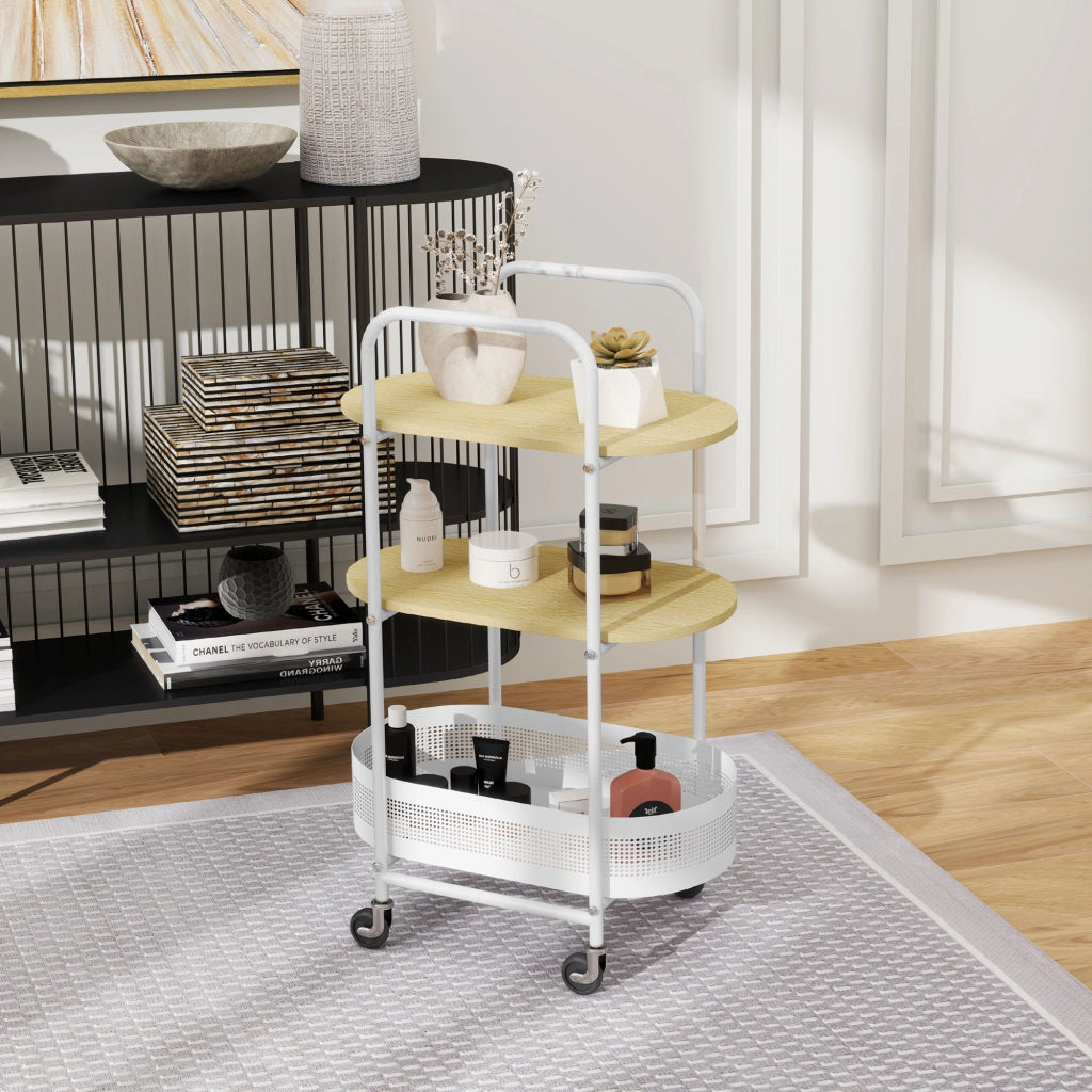 Tavolino con ruote e cestino ¨C zephmum ¨C bianco e legno naturale 49.5x32.5x82.5 cm