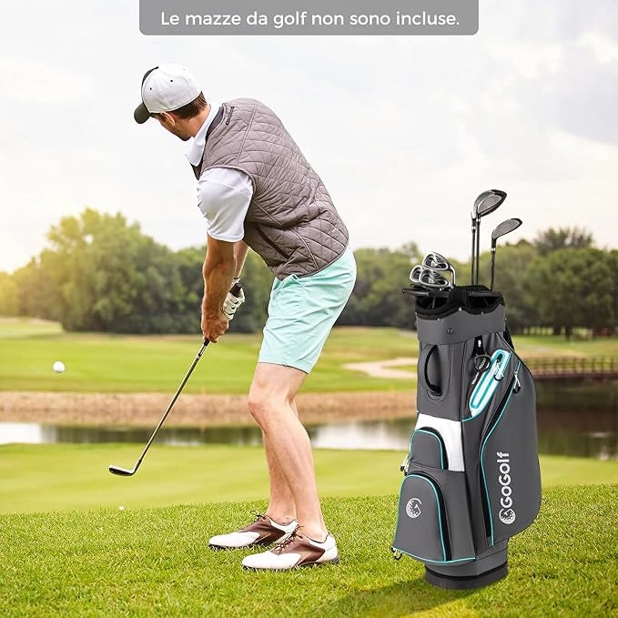 Borsa da Golf per Carrello con 14 Scomparti, Organizzatore Portatile per Mazze da Golf con Tasca Frigo, Tracolla Regolabile, Cappuccio Antipioggia e Porta Ombrello per Uomo e Donna