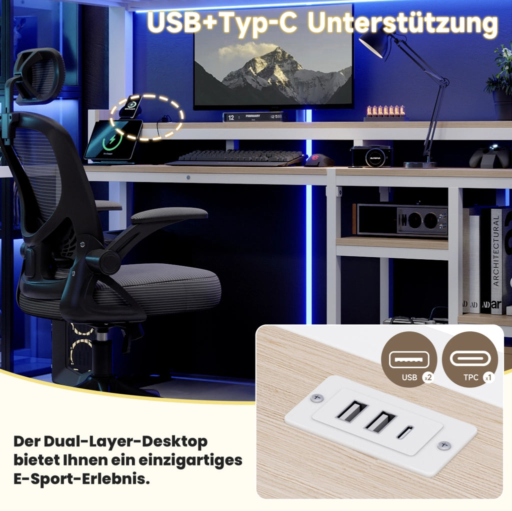 Letto a soppalco 90x200 cm con LED, USB-C e armadio scala