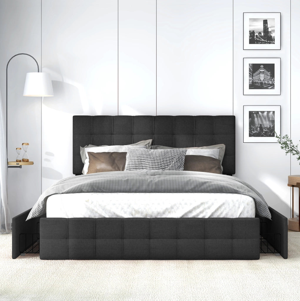Letto matrimoniale imbottito 140x200 cm con 4 cassetti nero