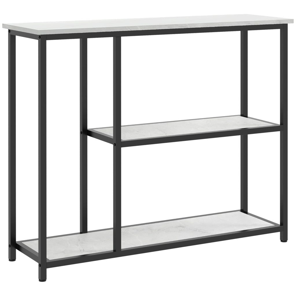 Tavolo consolle moderno bianco con 2 ripiani aperti, struttura in acciaio e pannelli truciolari, 100 x 30 x 80 cm