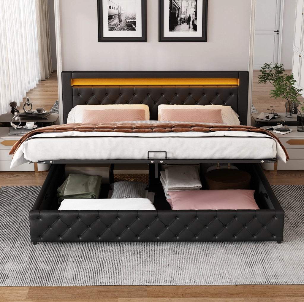 Letto imbottito 160x200 cm con contenitore e LED; in PU nero