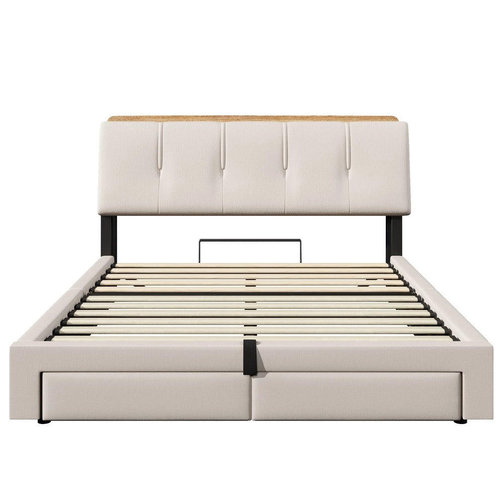 Letto Imbottito Contenitore con LED e USB ¨C MINIMAL ¨C Tessuto Beige 140x200
