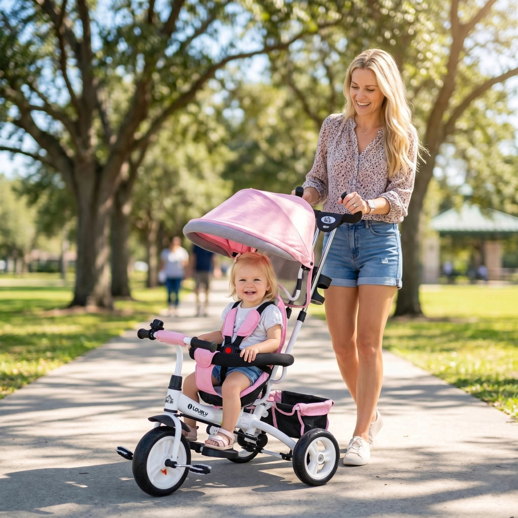 Triciclo 6 in 1 per Bambini ¨C Xylo ¨C con Maniglione, Tettuccio Regolabile e Cintura di Sicurezza, Rosa, 1-5 Anni