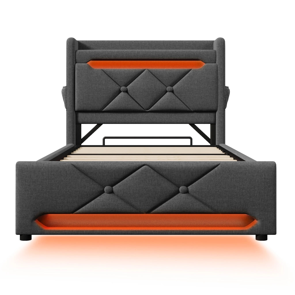 Letto singolo 90x200 cm in lino grigio con LED 360°, testiera con USB e materasso incluso
