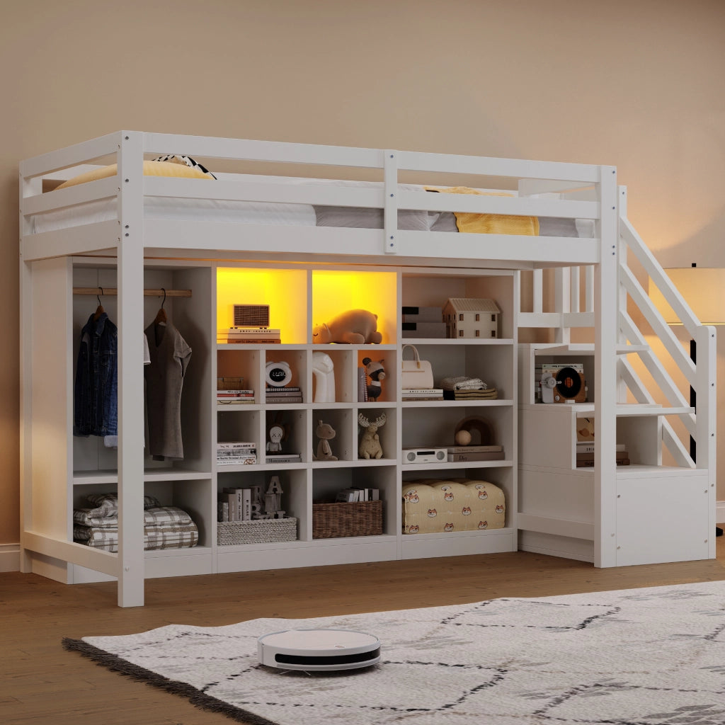 LETTO A Soppalco 90x200 cm in Legno Bianco con Armadio, Ripiani e LED