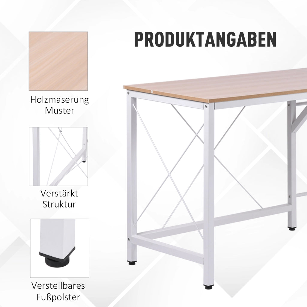 Scrivania angolare a L con ampia superficie, struttura in acciaio, per ufficio domestico e studio, naturale, 150 × 150 × 76 cm
