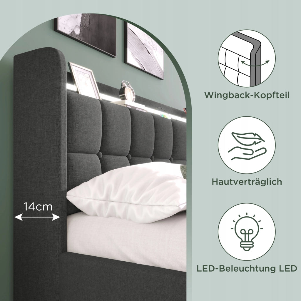Letto imbottito 160x200 - Xylo - USB LED 4 cassetti grigio