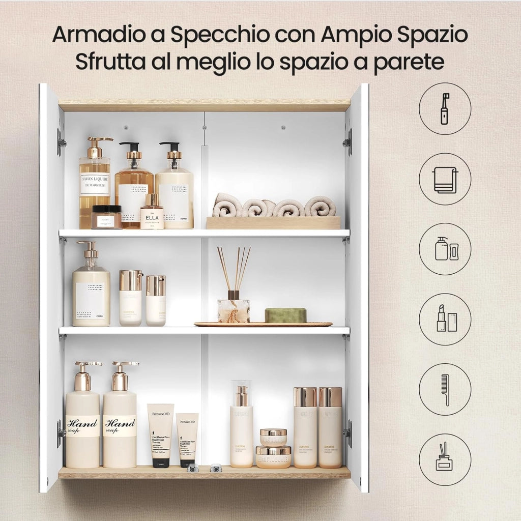 Armadietto da Bagno Pensile, Specchio Contenitore con 2 Ripiani Interni Regolabili, Mobile Sospeso da Bagno Salvaspazio con 2 Ante, Mobiletto Bianco e Rovere 60x20x75cm