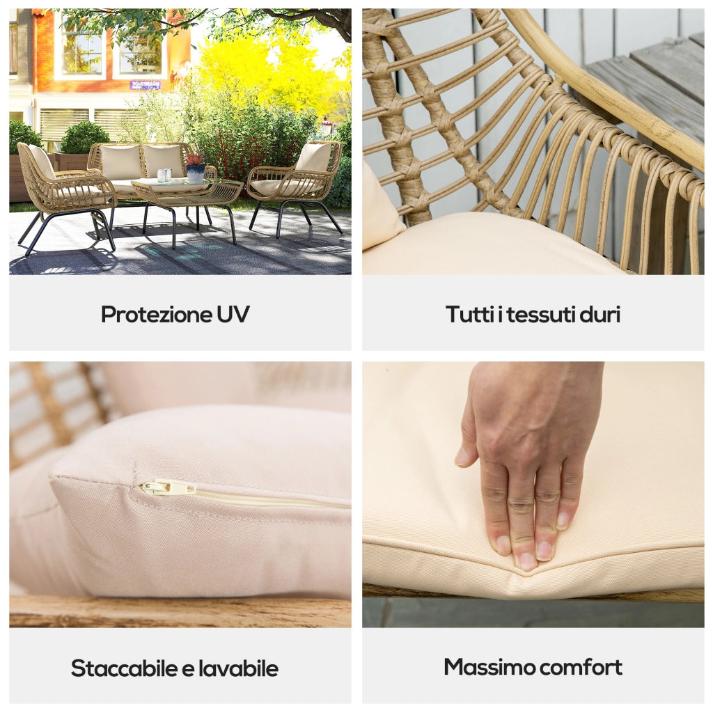 Set da Giardino 4 Pezzi in Rattan PE e Metallo con Divanetto, 2 Sedie e Tavolino da Caff¨¨, Beige
