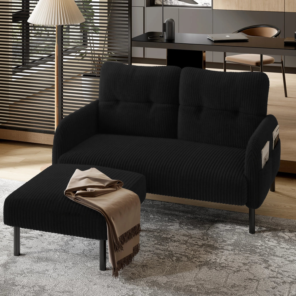 OKWISH Poggiapiedi in Velluto a Coste, Seduta Imbottita Versatile come Sgabello Ausiliario, Struttura in Metallo, Nero