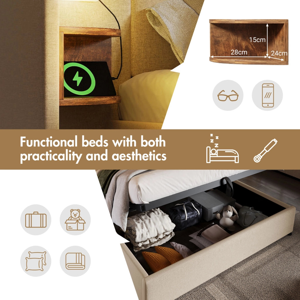 Letto Contenitore 160×200 cm; Matrimoniale con Mensola; Luce da Lettura; USB e Tipo C; senza Materasso