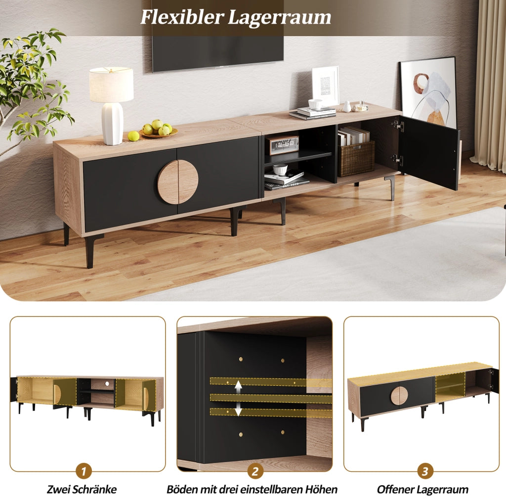 Mobile TV 180x35x49 cm con 3 ante e ripiani, rovere e nero