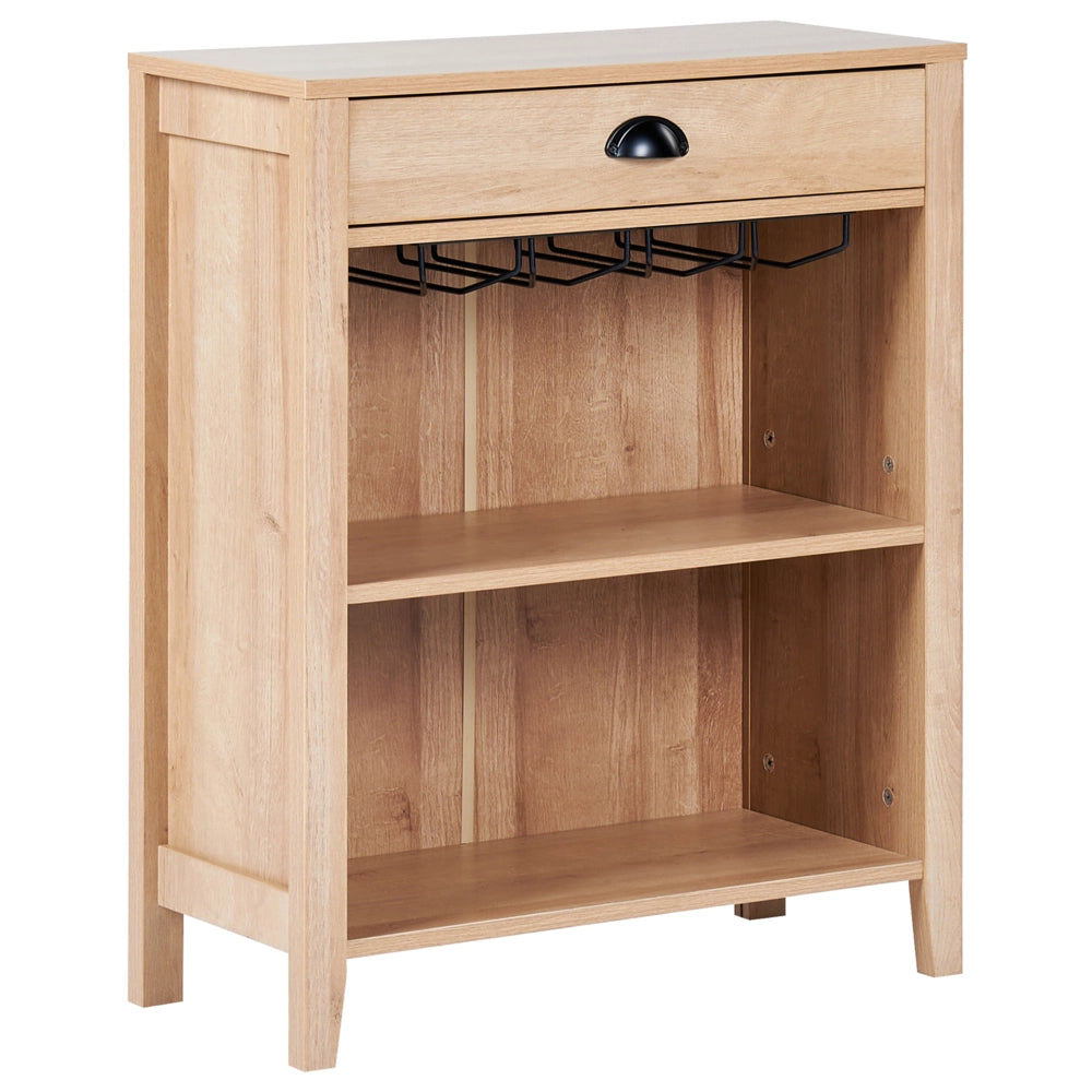 Credenza con cassetto 2 ripiani e porta bicchieri in vetro legno chiaro stile moderno soggiorno