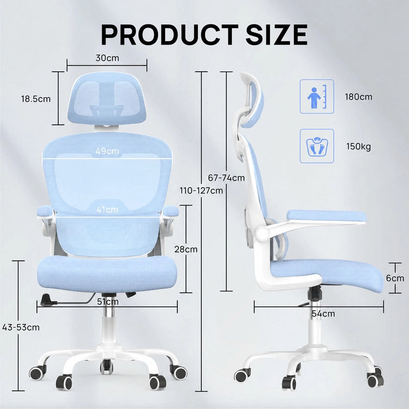 Sedia da ufficio ergonomica - Poltrona HAMLODY - con braccioli pieghevoli a 90° - Supporto lombare - Regolabile in altezza Blu