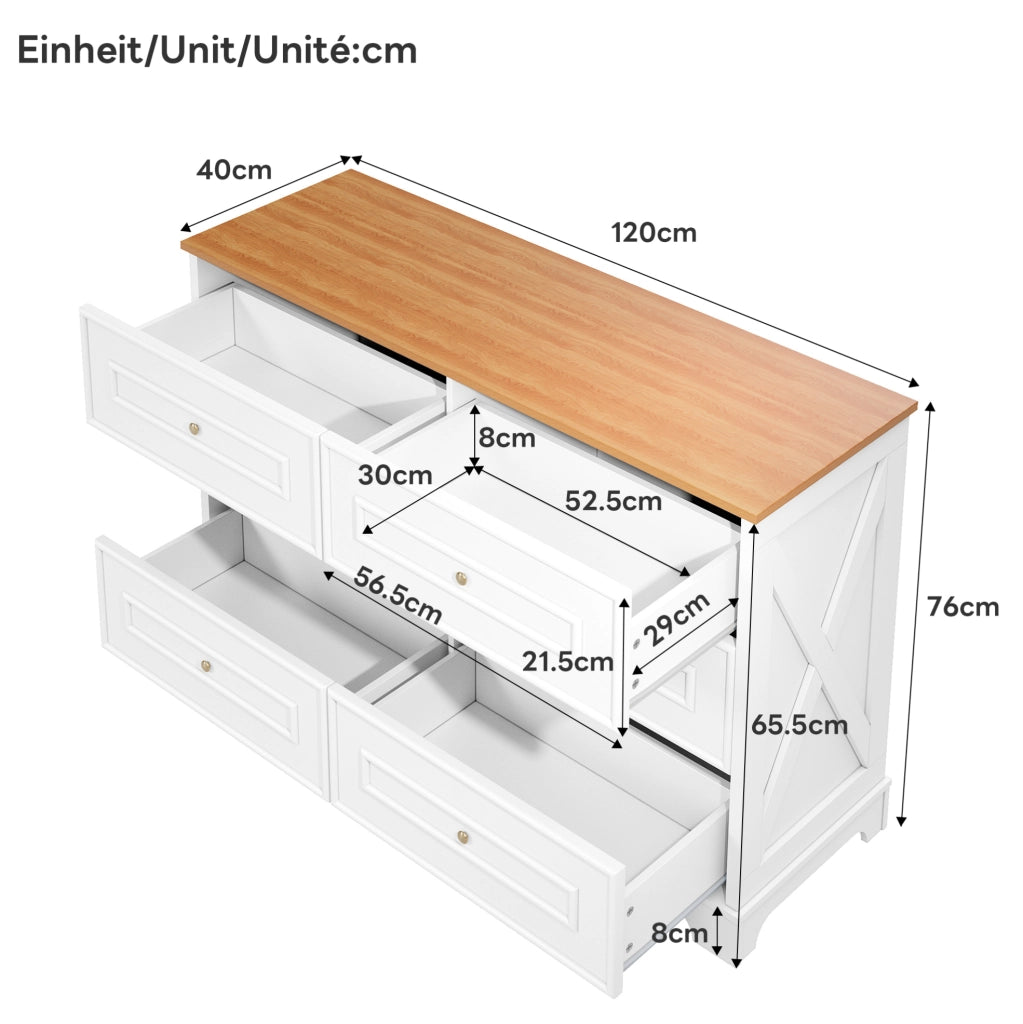 Sideboard in stile country con 6 cassetti; 120 x 40 x 76 cm; bianco e naturale