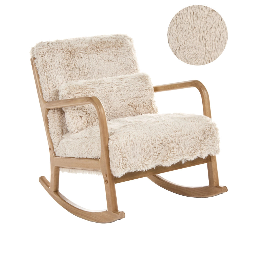Sedia a dondolo con braccioli e cuscino Gambe in legno di gomma e rivestimento in finta pelliccia beige chiaro Soggiorno classico tradizionale