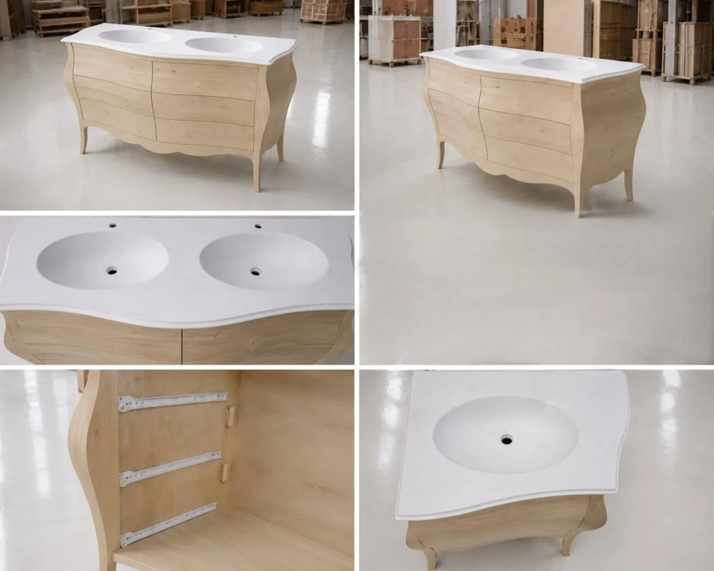 Mobile bagno 6 cassetti bombato con doppio lavello legno grezzo 162x58x83 - Mobili 2G