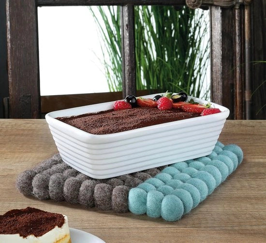 Onderlegger in lana di capra - 100 °C resistente - palline di velluto - 21 x 21 cm - marrone turquoise