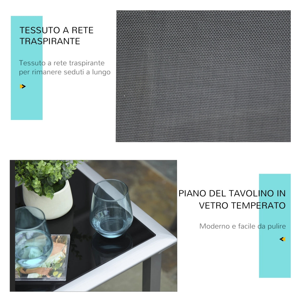 Easycomfort Set 2 Sdraio da Giardino e Tavolino con Vetro, Lettino Prendisole con Tessuto Traspirante 59 x 169 x 66cm, Nero Grigio