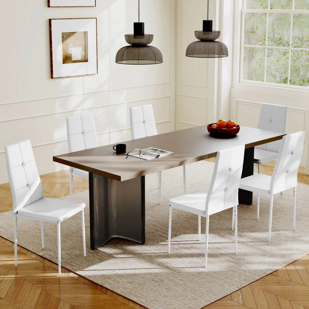 Set di 6 Sedie da Pranzo Imbottite ¨C Zephmum ¨C PU Bianco Schienale Alto con Bottoni Gambe in Acciaio