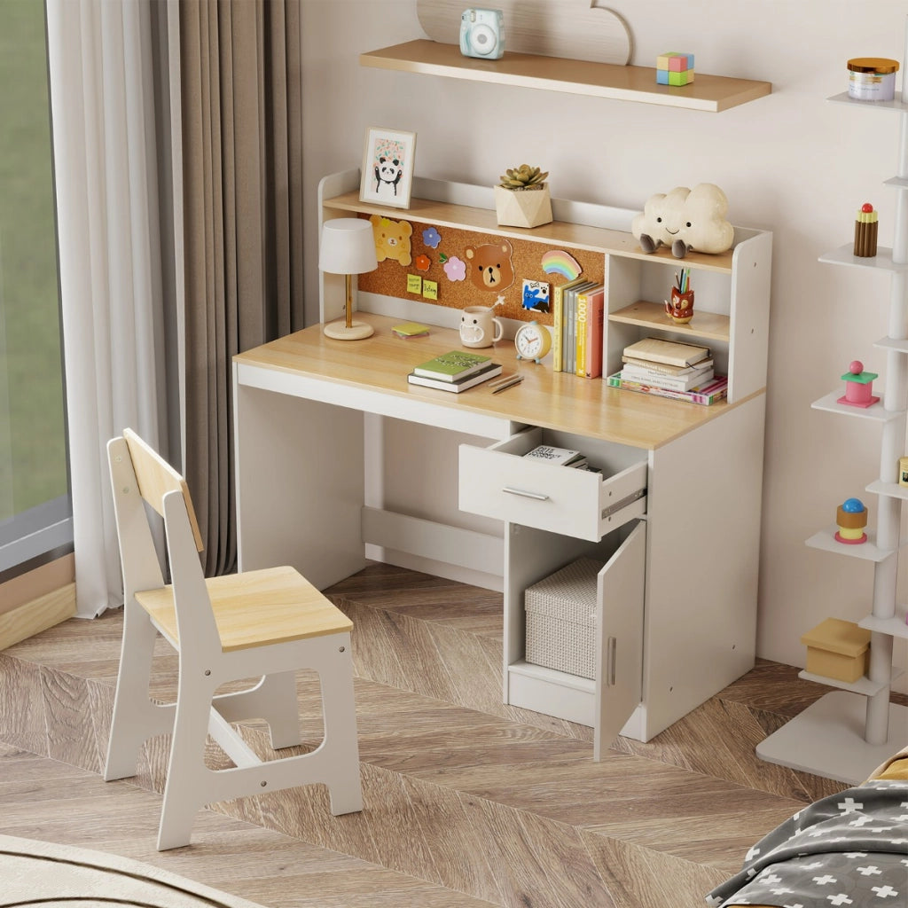 Set scrivania e sedia per studenti con mensole e cassetto-Tavolo e sedia per camera da letto e asilo nido Naturale