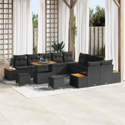 Set Divano da Giardino 13 Pezzi con Cuscini Nero Polyrattan Acacia
