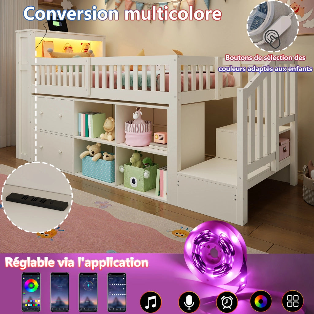 Letto rialzato per bambini 90x200 cm con cassetti; vani portaoggetti; scala contenitore e LED; bianco