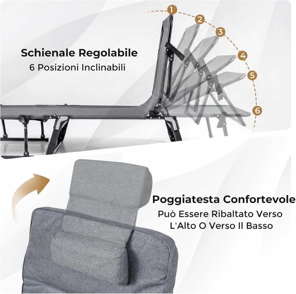 Sedia a Sdraio Pieghevole, con Schienale Reclinabile 6 Posizioni, Poggiatesta, Lettino da Esterno con Struttura in Metallo per Giardino, Cortile, Portata 200 kg