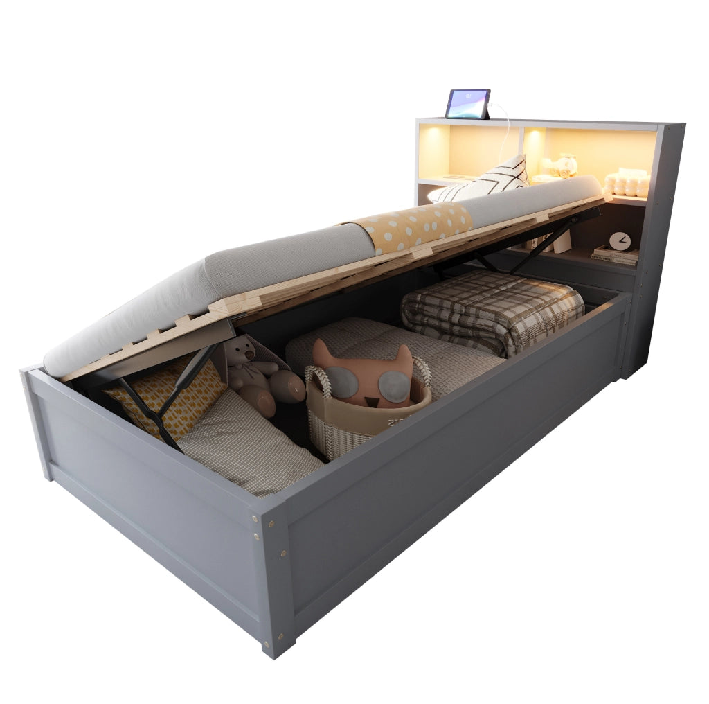 Letto multifunzione 90x200 cm grigio in legno con LED; presa integrata e 4 vani contenitore