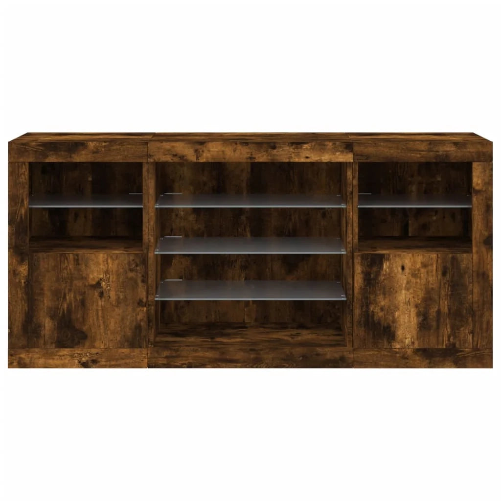 Credenza cassettiera armadio mobile contenitore organizer per cucina soggiorno salotto con luci LED 142,5 x 37 x 67 cm marrone 02_0029870