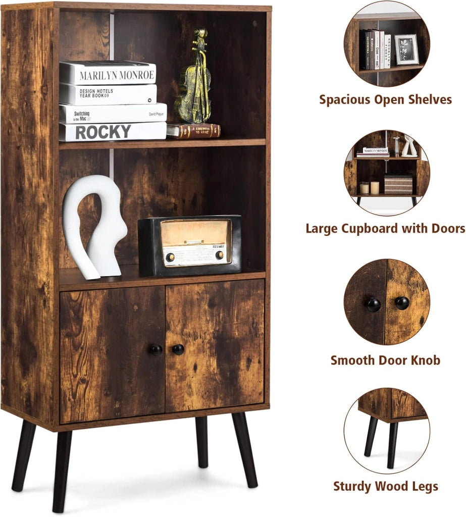 Libreria con 2 Ante a 3 Livelli, Scaffale per Libri, Credenza da Terra, Gambe Alte in Legno di Pino, Stile Vintage, Ideale per Soggiorno, Studio, Portata Massima 50 kg, 60x30x120 cm