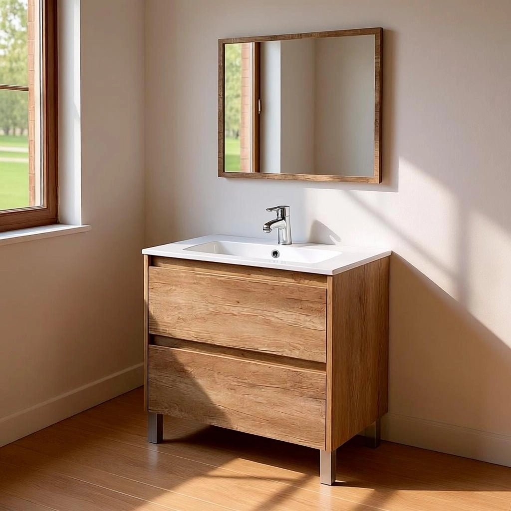 Mobile Bagno Con Lavandino In Ceramica E Specchio Abbinato 2 Cassettoni Ammortizzati Stile Essenziale 80 x 45 x 80 Cm Finitura Quercia
