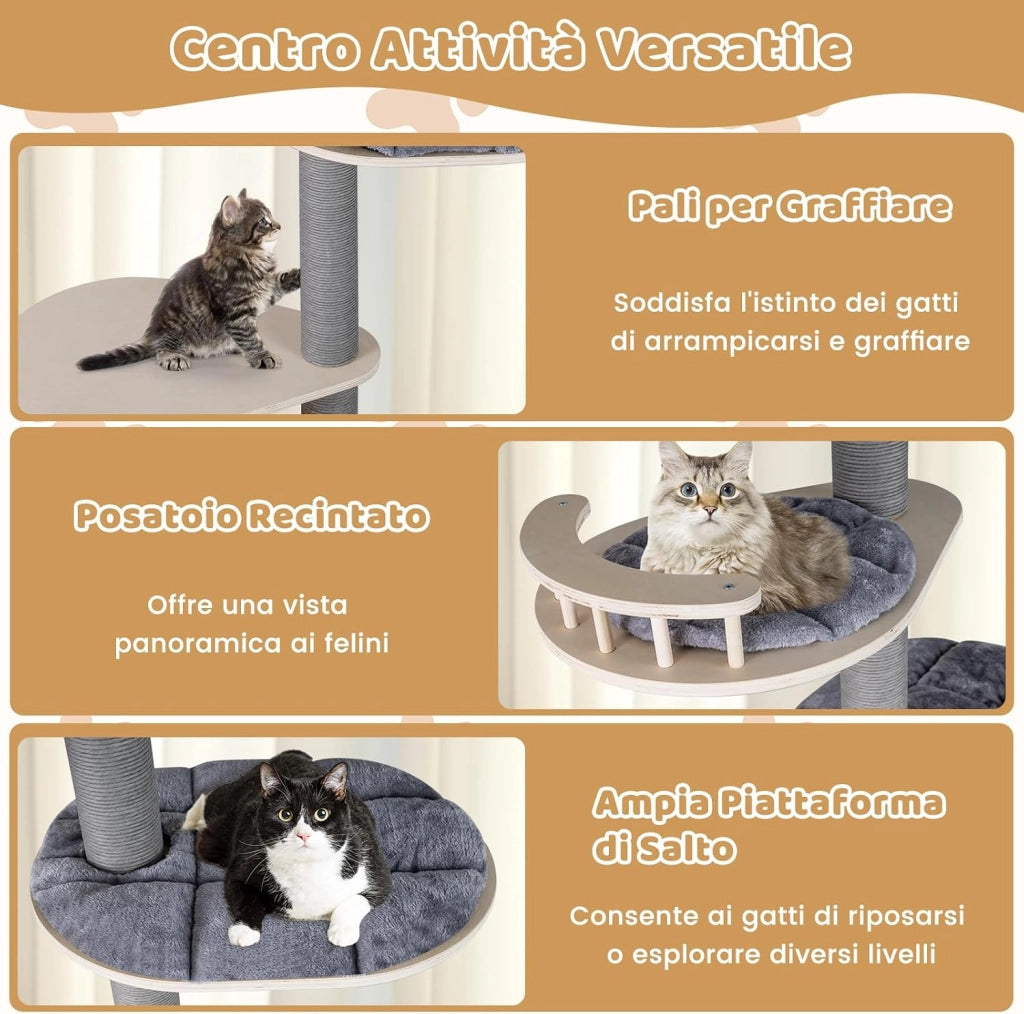 Albero per Gatti a 5 Piani, Tiragraffi per Gatti in Legno con Altezza Regolabile, Piattaforme, Condo, Tiragraffi, Piattaforme e Cuscini, Mobile da Interno per Gattini per Arrampicata